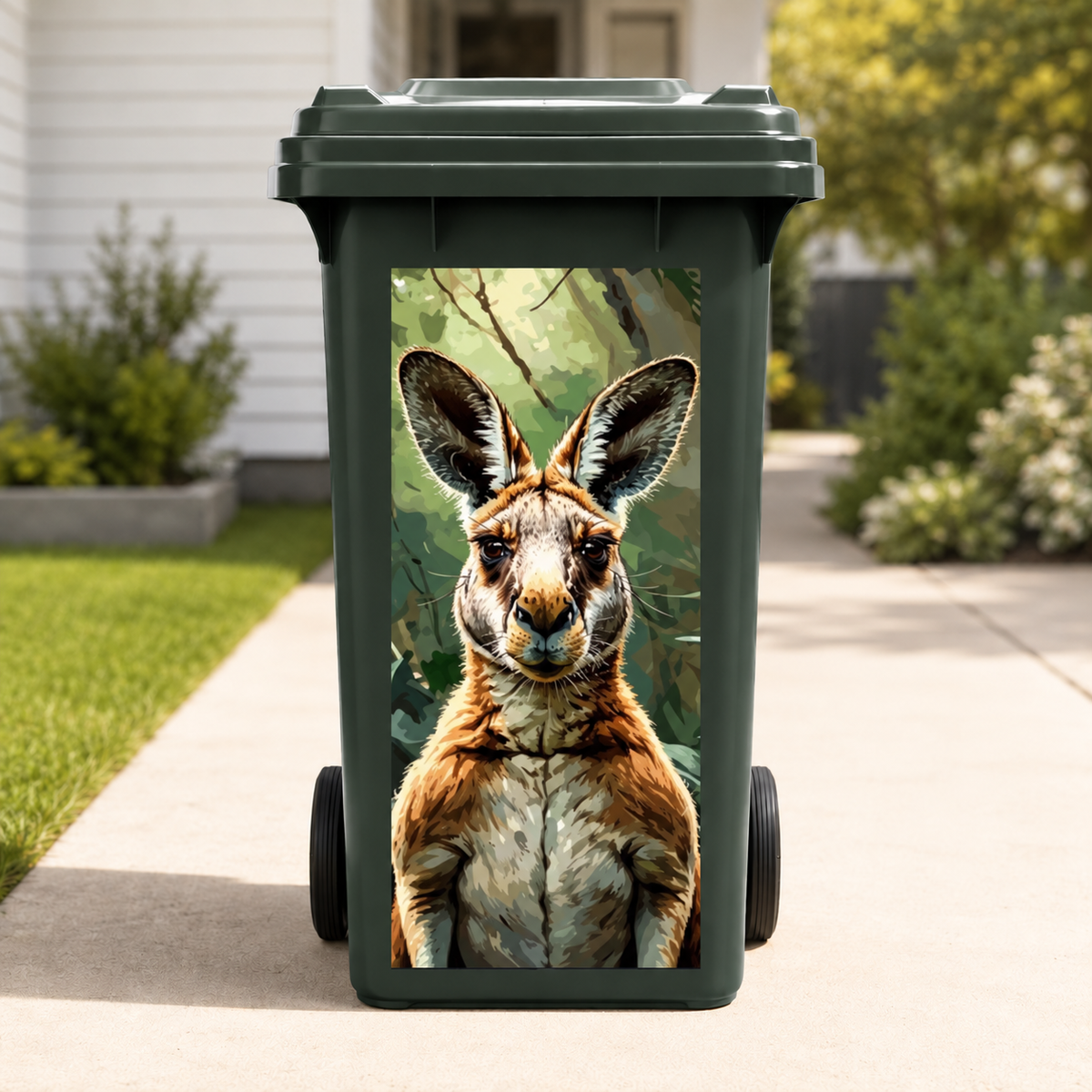 Tough Kangaroo wheelie bin sticker on green wheelie bin
