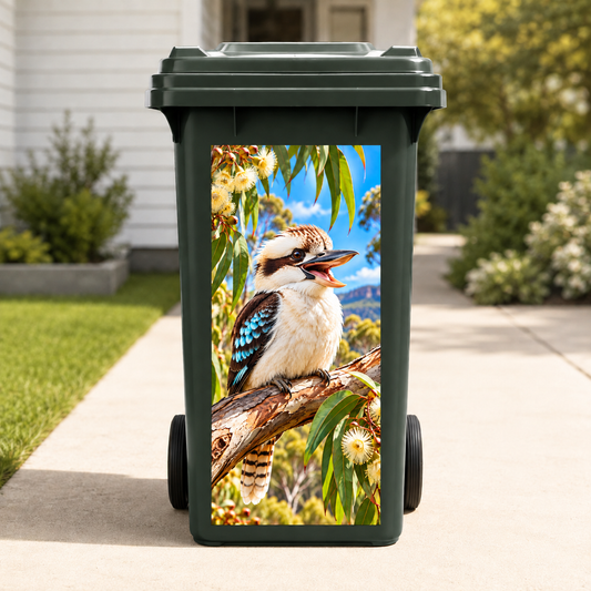 Cool Kookaburra wheelie bin sticker on green wheelie bin