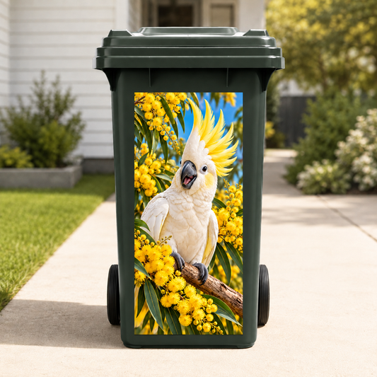Crazy Cockatoo wheelie bin sticker on green wheelie bin