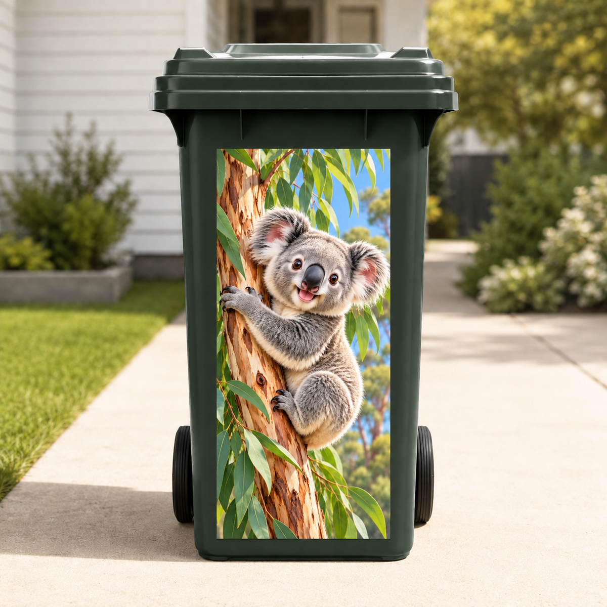 Happy Koala wheelie bin sticker on green wheelie bin
