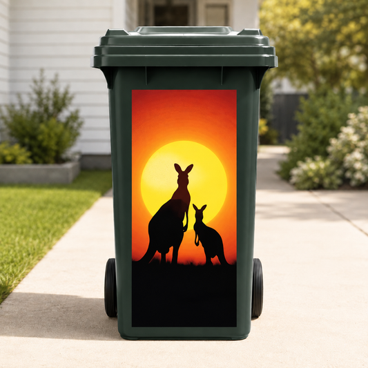 Sunset Kangaroo wheelie bin sticker on green wheelie bin