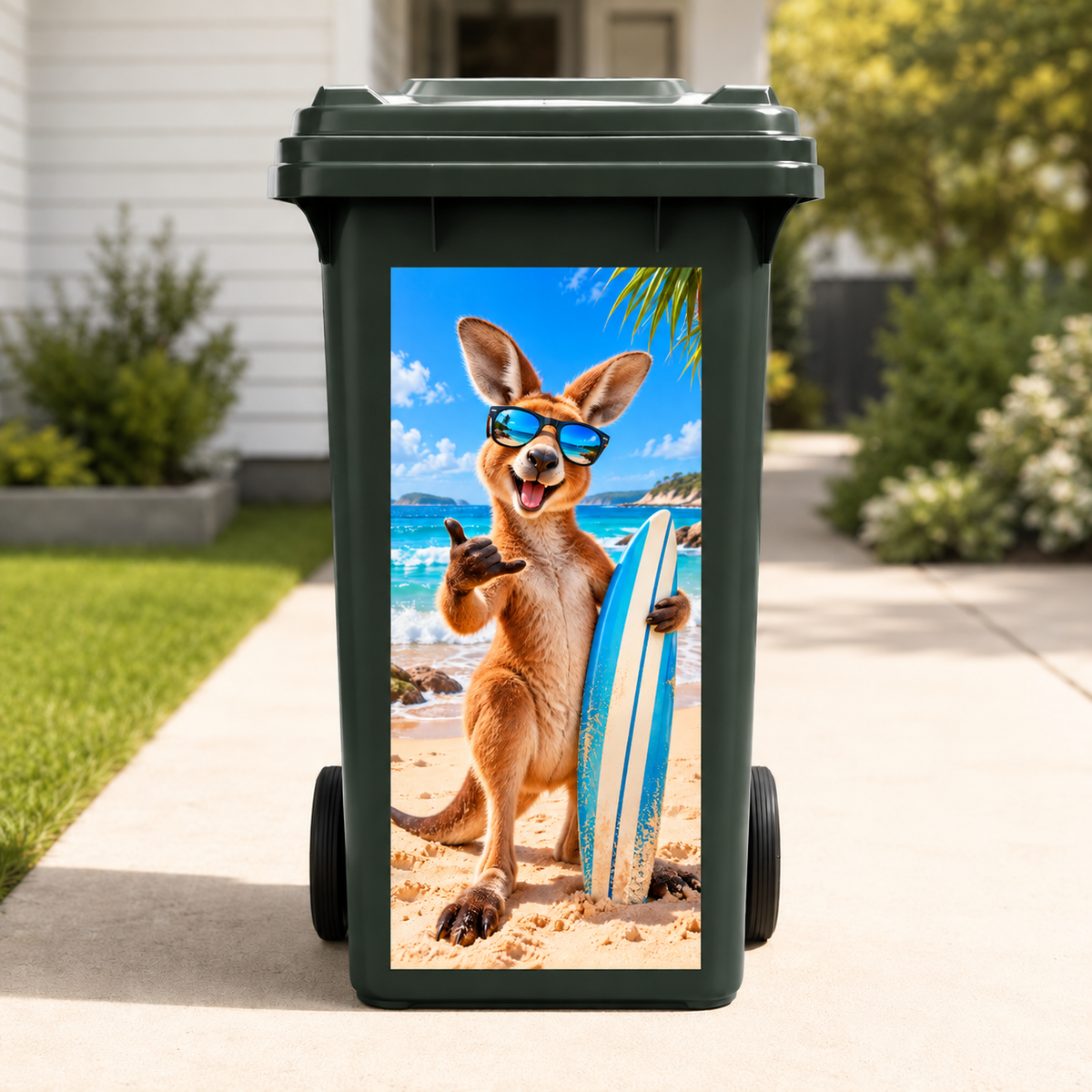 Swag Kangaroo wheelie bin sticker on green wheelie bin